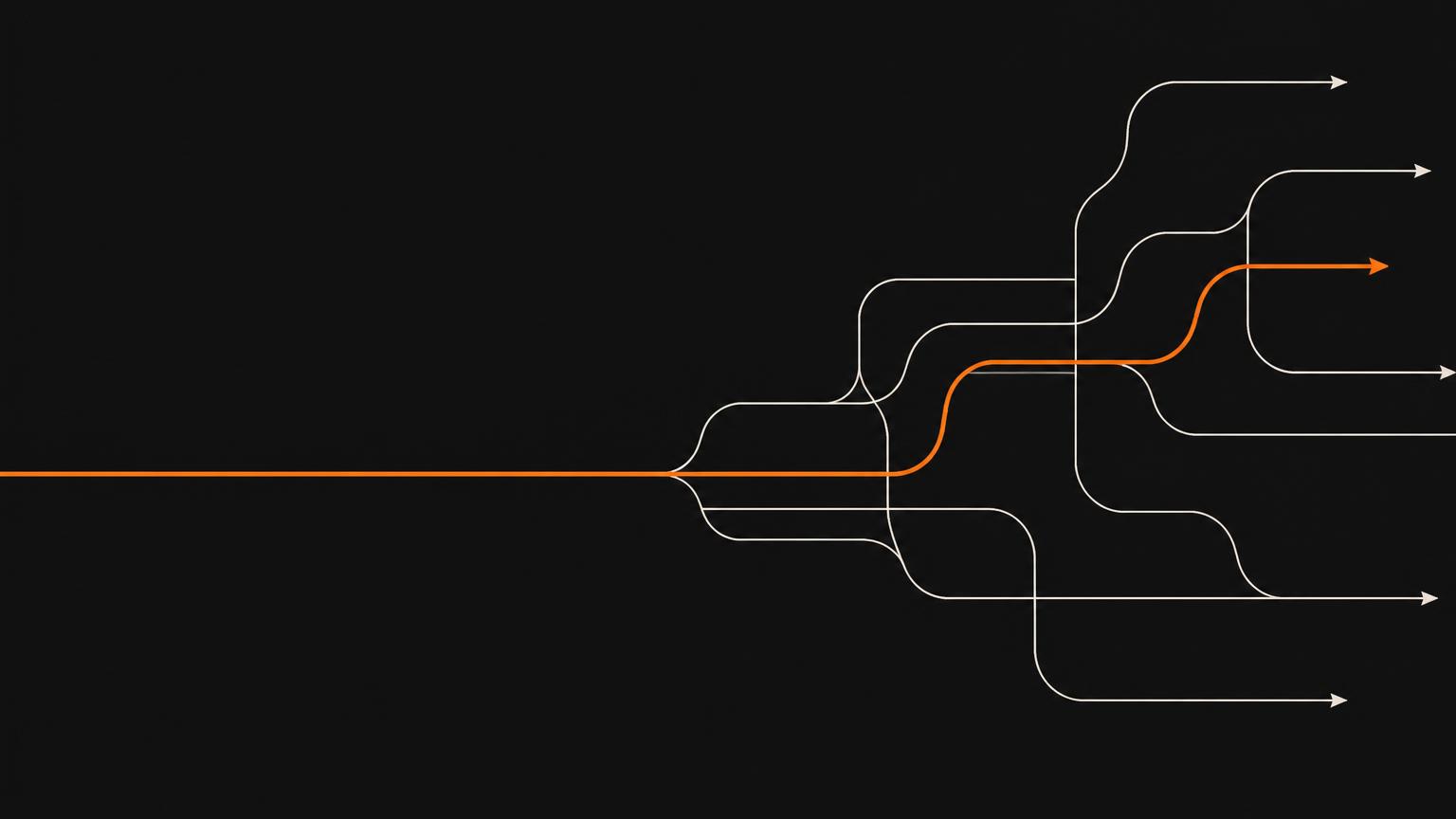 Diagrama abstrato de caminhos ramificados em linhas claras com um percurso destacado em laranja